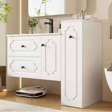 Meuble de salle de bains suspendu 107 cm avec vasque en céramique blanche, 2 tiroirs, meuble haut à 3 compartiments et rangement pratique pour salle de bains ou WC – CHICFURN (1/5)