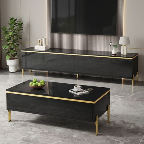 Meuble TV et table basse design moderne, ensemble de salon avec finition brillante unie, liserés dorés, grand espace de rangement (1/5)
