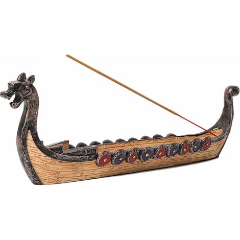 Porte-encens JeiibrZui en forme de bateau viking - Motif de bateau-dragon sculpté à la main - Pour bâtonnets d'encens standard - Bois naturel - Cadeau unique pour la méditation et le yoga (1/5)