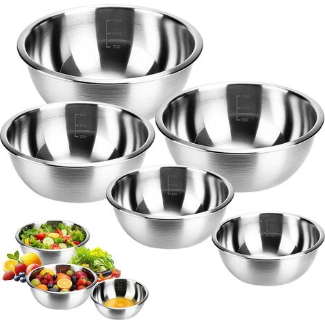 Lot de 5 Cul de Poule Inox, Saladiers en Acier Inoxydable, Bol Inox Cuisine Bowl de Mélange 5 Saladiers de Tailles Différentes 0.6 l, 0.9 l, 1.6 l, 2 l, 2.6 l (1/5)