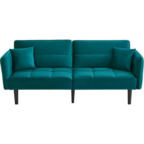 Divano letto, divano da 2 posti con schienali regolabili e braccioli ribaltabili, in velluto, verde (1/5)