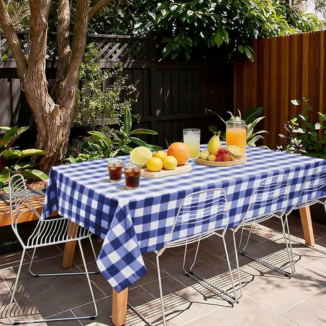 1 Nappe rectangulaire, Vichy bleu et blanc, Polyester imperméable, 140x240cm, pour Jardin, Salle à manger, Fête