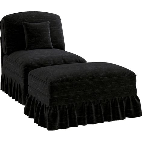 Poltrona lounge in ciniglia nera con gonna removibile, gambe in legno e pouf mobile (1/5)