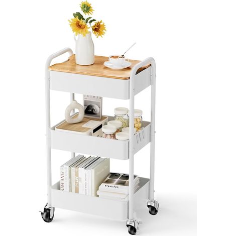 Chariot de Rangement à 3 Niveaux avec roulettes Desserte Meuble Organisation pour Bureau D'atelier et Cuisine Lessive Salle de Bains (Blanc) (1/5)