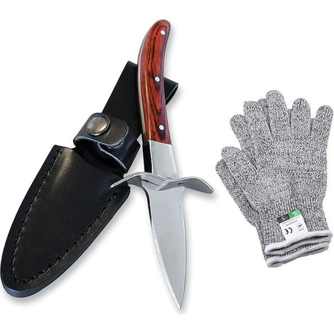 couteau à huîtres en acier inoxydable avec manche en bois et gants anti-coupures, ensemble (1/5)