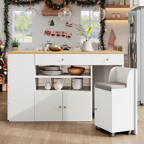 Ilot de cuisine, buffet avec tabourets de bar, avec 6 tiroirs et tabourets, largeur réglable 14040(70)89 cm, blanc (1/5)
