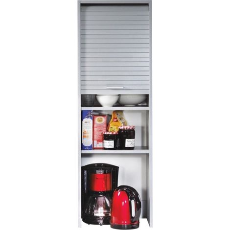 Les Tendances – Colonne de cuisine gris mélaminé – Rideau coulissant – 3 tablettes réglables – Dimensions L 40 x H 124 x P 35 cm – Meuble éco-conçu (1/4)