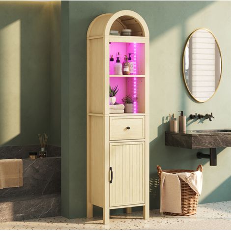 Mobile bagno alto da terra 40 × 30 × 163 cm in MDF effetto legno chiaro, con LED RGB, ante reversibili, cassetto e ripiani regolabili per il bagno  FLORAGRACE (1/5)