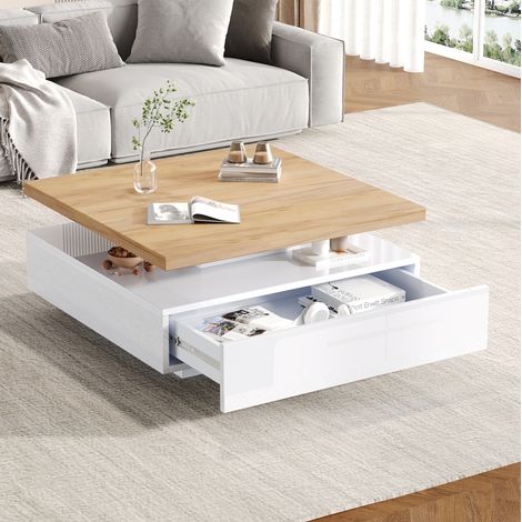 Table basse carrée 70x70x36 cm blanc et noyer en panneau de particules avec plateau pivotant 360° et rangement (1/5)