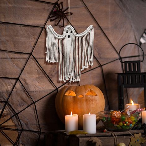 Fantôme - Décoration Murale en Macramé - Blanc - 38 x 23 cm et 35 x 28 cm - Pour Fête d'Halloween - Lot de 2 (1/5)