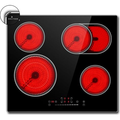 Plaque Vitrocéramique 4 Feux, DELITEER Plaque de Cuisson avec Cadre, Encastrable 60cm, 6600W, Tactile à Curseur, Zone Flexible avec Double Zone et Zone Ovale, Pas de Prise (1/5)