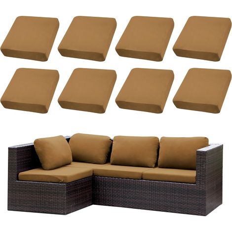 Ensemble de 8 Housses de Coussins pour terrasseHousses pour canapés d'extérieurHousses Extensibles pour Coussins de canapéProtections pour Meubles lavables et réutilisables (1, Camel) (1/5)