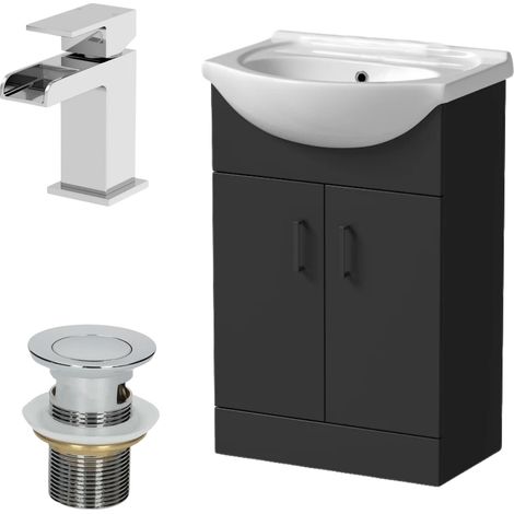 560mm Matt Black Bathroom Vanity Unit Freestanding Chrome Waterfall Tap & Waste (1/5)