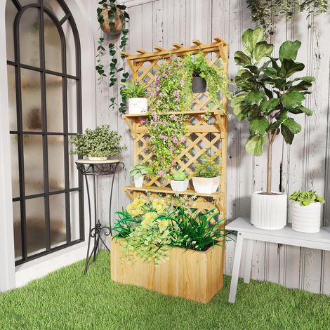 Jardinière avec treillis lit surélevé de jardin en bois avec toit suspendu. trous de drainage et doublure. naturel