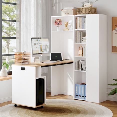 MEUBLIV Bureau rabattable avec étagères 104,5x30,5x160 cm blanc et décor bois (1/5)