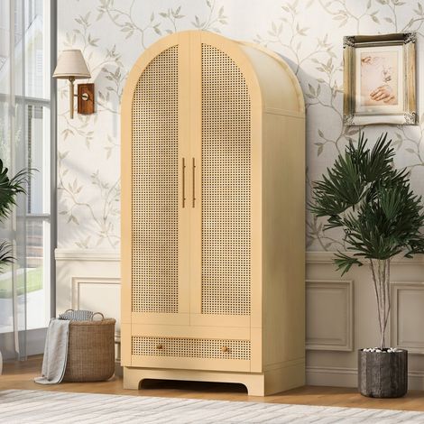 Armoire coloris bois 70 x 55 x 170 cm à double porte rotin synthétique, équipée de tiroirs et compartiments modulables pour le rangement (1/5)