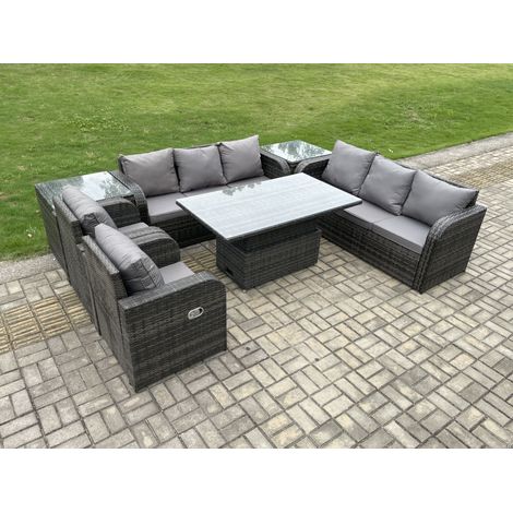 Fimous PE Rattan Outdoor Garden Furniture Sets Height Adjustable Rising lifting DiningTable Sofa Set with Reclining Chair 2 Side Tables Dark Grey Mixed