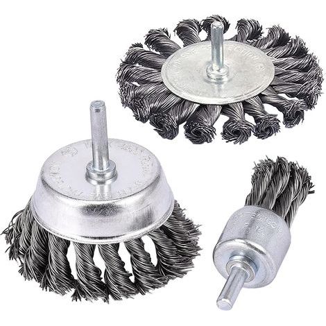 Set of 3 Knotted Wire Brushes with 6.35mm (1/4") Handles, 76.2mm (3") and 25.4mm (1") Angled End Brushes for Rust Removal (1/5)