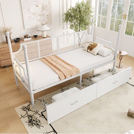 Schlafsofa Metall Weiß 90x200 cm mit 2 Schubladen und integriertem Metalllattenrost (1/5)