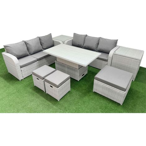 Fimous Outdoor Garden Furniture Sets 9 Seater Wicker Rattan Furniture Sofa Sets with Adjustable Lifting Dining or Coffee Table high Back Lounge Sofa 3 Stools 2 Side Table Light Grey (1/5)