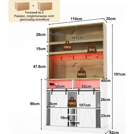 Vitrine, éclairage led, prises et recharge intégrées, 110 x 40 x 191 cm, MDF, bois naturel (1/5)