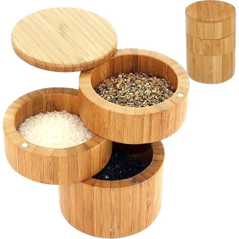 1 pot à épices en bambou, rond avec couvercle magnétique à charnière, 3 compartiments, pour sel, herbes et épices (1/5)