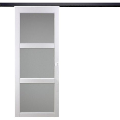 Puerta corredera Kenya blanca con cristal H204 x L73 cm, riel de aluminio con banda negra, conchas blancas de GD MENUISERIES