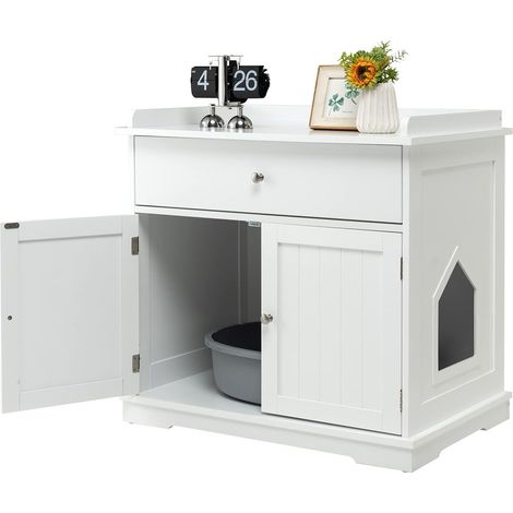 Costway – Meuble de litière pour chat – Bac à litière caché avec tiroir et 2 portes – Dimensions intérieures 69 x 50 x 42 cm – MDF blanc moderne