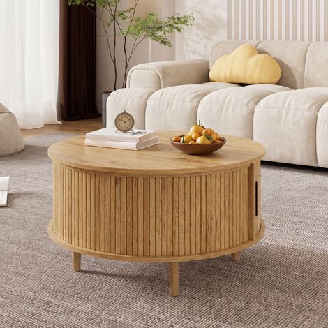 Tavolino da salotto rotondo sollevabile con contenitore e porta scorrevole MDF rovere OKWISH (1/5)