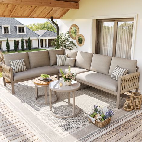 Conjunto de muebles de jardín con patas ajustables, cojines resistentes al agua y desmontables, conjunto de lounge de jardín para 5-6 personas, modular para balcón, jardín o terraza, incluyendo todos (1/5)