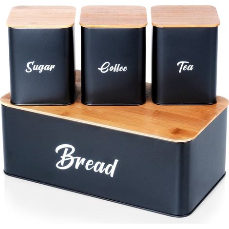 Boîte à pain avec compartiments pour thé, café, sucre, en métal noir, 4 pièces. (1/5)
