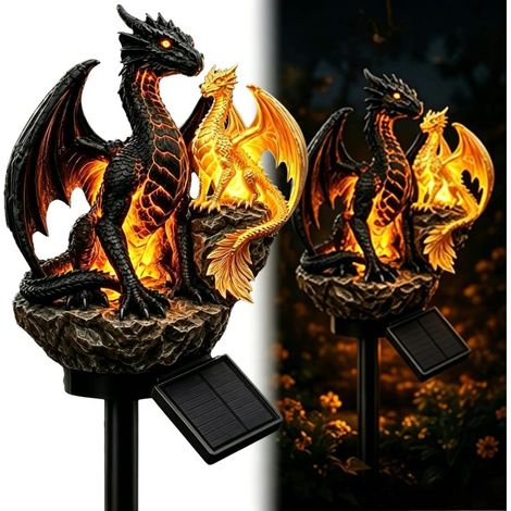 Beyamis Lampe solaire en forme de dragon pour jardin, lumière chaude, décoration gothique médiévale fantastique pour Halloween, ornement de terrasse ou de jardin. (1/5)