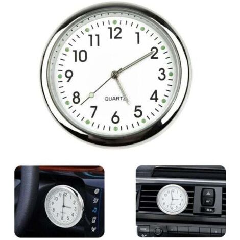 Pair Horloge de voiture ronde blanche, autocollant lumineux pour tableau de bord, horloge à quartz compatible avec toutes les voitures (avec clip pour grille d'aération)