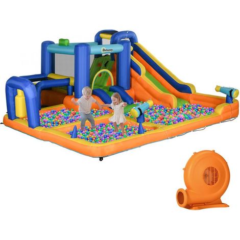 Château multicolore 430x420x200 cm avec toboggan, piscine et mur d'escalade, gonfleur inclus, grand parc enfant pour jardin fête (1/5)