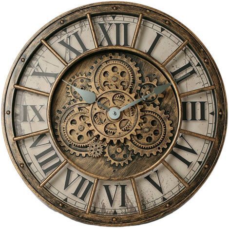 QORVA-Horloge murale à engrenages vintage industriel – Diamètre 45 cm – Métal et bois – Style rustique ferme pour décoration intérieure (1/4)