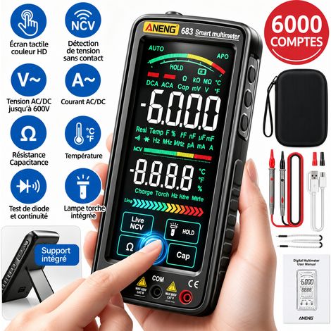 Multimètre numérique 6000 comptes – Tension AC/DC 0-1000V – Courant 0-10A – Résistance 0-60MΩ – Écran tactile couleur VA – Version améliorée