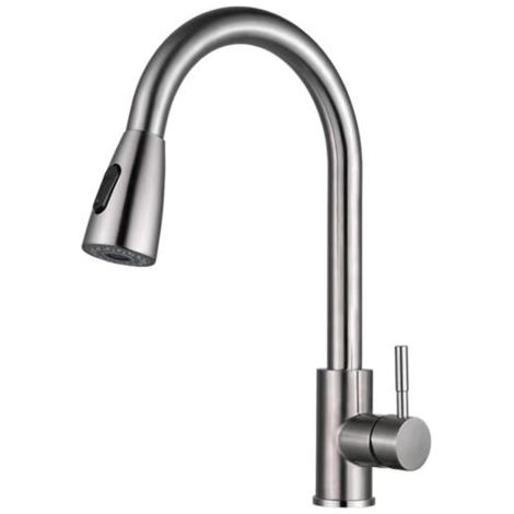 BUNTHAUS Robinet de cuisine à poignée unique à arc élevé avec pulvérisateur extractible pour robinet d'évier de cuisine RV Robinet de cuisine moderne à retrait unique en acier inoxydable (1/5)