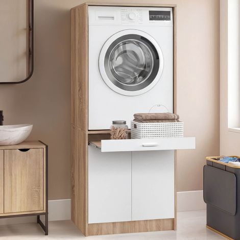 Mueble elevador para lavadora o secadora WALLIS con bandeja deslizante para la cesta de la ropa y armario en madera y blanco