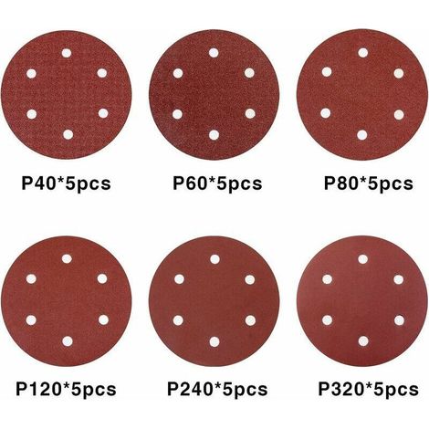225 mm 6-Loch-Schleifscheibe – Packung mit 30 selbstklebenden Scheiben P40/P60/P80/P120/P240/P320 – Für Trockenbau- und Wandschleifer (1/5)