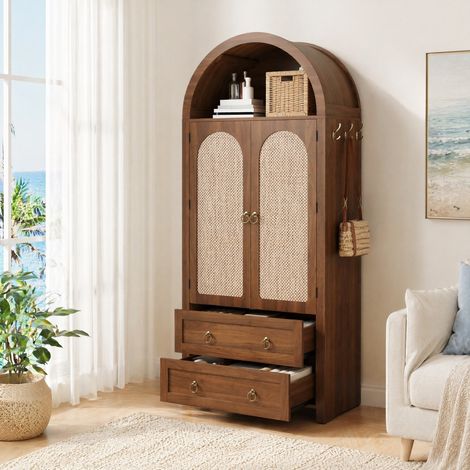 Vintage-Bogenregal mit Rattantüren, 80 x 40 x 180 cm, MDF, Walnuss HAVRYA (1/5)