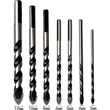 Lot de 7 forets multi-matériaux en carbure de tungstène pour porcelaine,carrelage,béton,mur de brique,verre,miroirs,maonnerie en plastique et bois (3/4/5/6/8/10/12 mm) (1/4)
