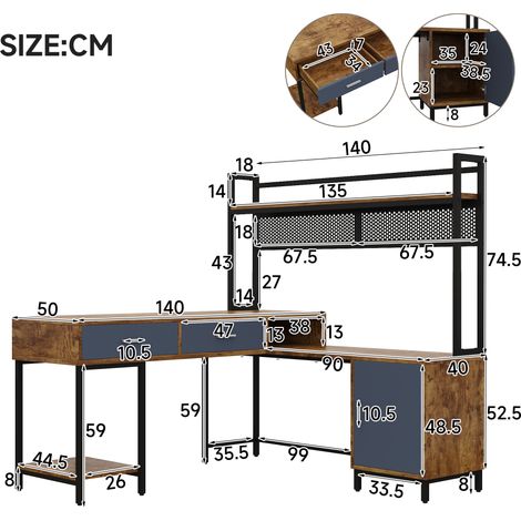 Bureau, avec tiroirs, 140 x 140 x 135 cm, métal et acier, noir (1/5)
