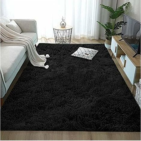 Shaggy Rug, Soft Surface Cozy Non-Slip Square Modern Style Home Decor Rug for Living Room Bedroom Kids Room Living Room, Black, 60x90cm (1/5)