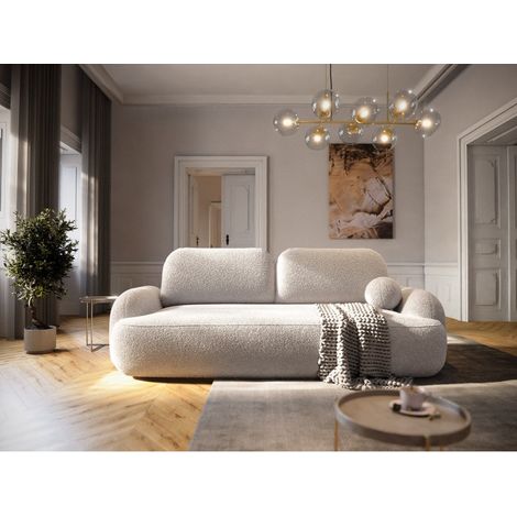 Tendencio – Canapé convertible 3 places tissu bouclette – Mécanisme dépliable DL – Coffre de rangement intégré – Surface de couchage 199x150 cm – Style japandi beige (1/3)