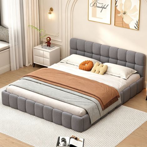 Lit double 140x200 - Rembourré - Dossier moelleux - Lin gris – adapté aux adultes et adolescents - 250 kg max (1/5)