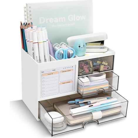 Organiseur de bureau avec 3 tiroirs et 8 compartiments (blanc). (1/5)