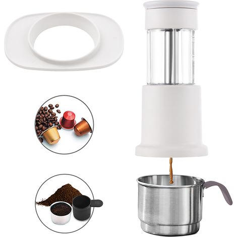 Cafetière portable 2 en 1, machine de voyage compatible avec capsules NES et presse manuelle moulue avec tasse en acier inoxydable de 120 ml, support adaptateur pour réservoir d'eau de 80 ml (1/5)