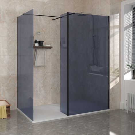 NRG Matt Black 8mm Walk In Shower Enclosure Wet Room Grey Glass Screen 900mm & 700mm with 300mm Return Panel (1/5)