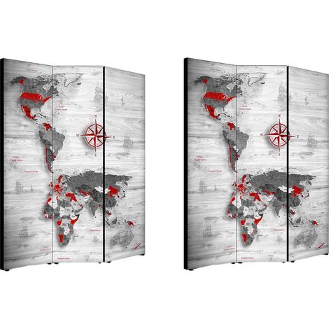 Lupia - Separe' Divisorio Paravento WORLD'S MAP WHITE 176x135,6x3,2 cm 3 Ante in Legno con Tela stampata Fronte Retro bifacciale (1/4)