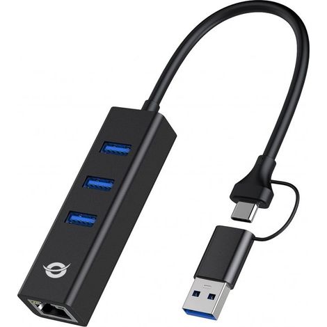 DONN07BA - Adaptador de red USB 3.2 Gen 1 Gigabit con concentrador USB de 3 puertos, 3x USB-A, Wake-on-LAN, cable USB C/A 2 en 1 (1/2)